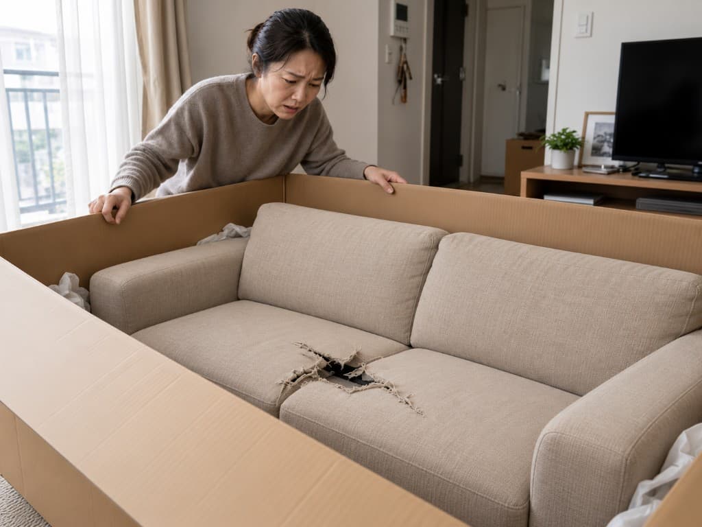 横長で大きな段ボールを開封し、不具合に気づくお客様