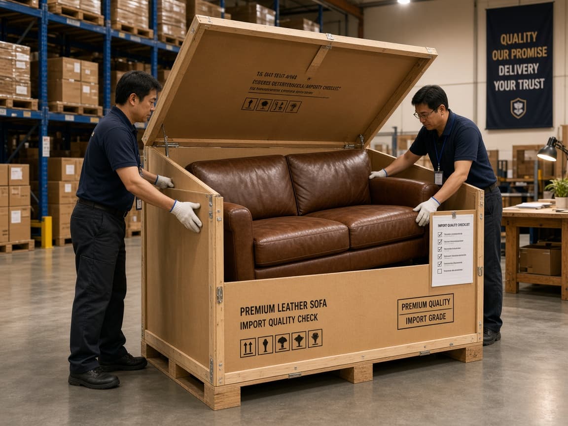 木枠段ボールからソファを取り出す納品前検品の様子